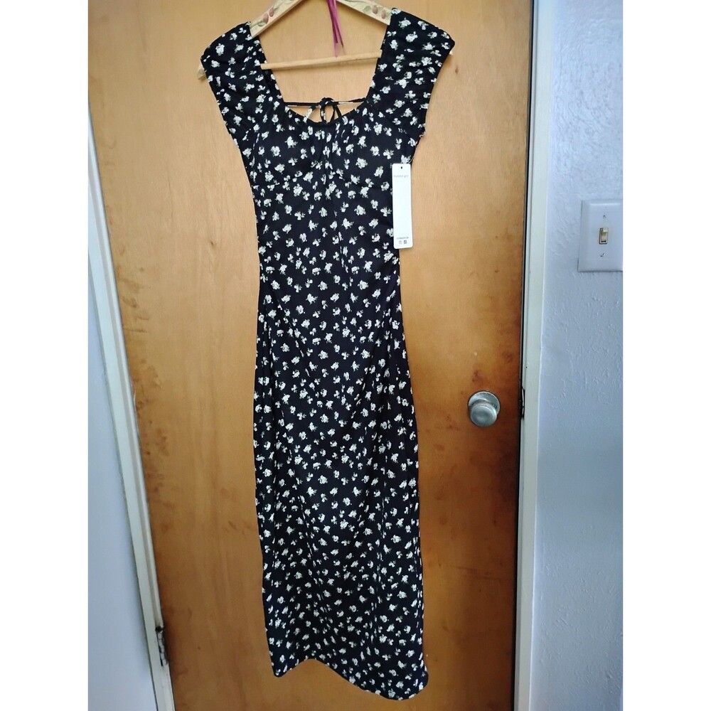 Madden Girl Black White Floral Square Neck Puff Sleeve Midi Boho Dress Size S